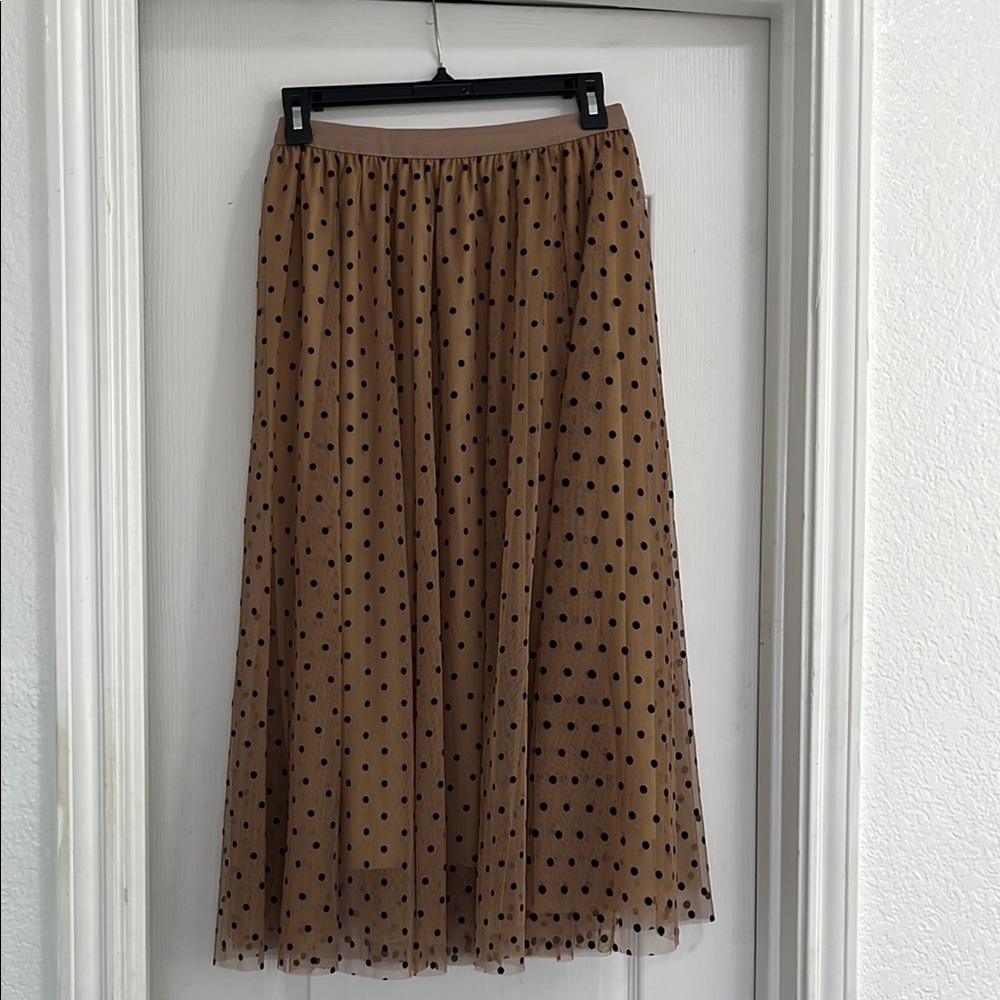 Brown Tan Polka Dot Midi A-Line Skirt with Pleats